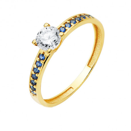 Original anillo de oro amarillo piedra central y circonitas azules en brazo