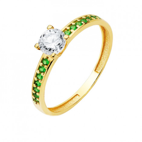 Original anillo de oro amarillo piedra central y circonitas verdes en brazo