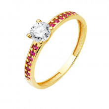 Original anillo de oro amarillo piedra central y circonitas rojas en brazo