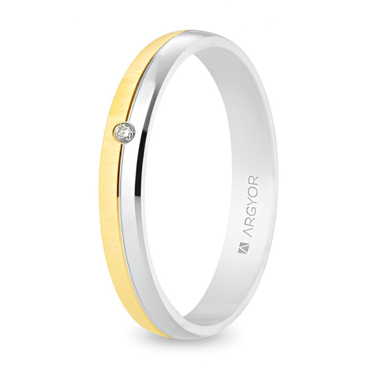 Alianza de boda con forma de media caña en oro amarillo y blanco con diamante de 0,015ct