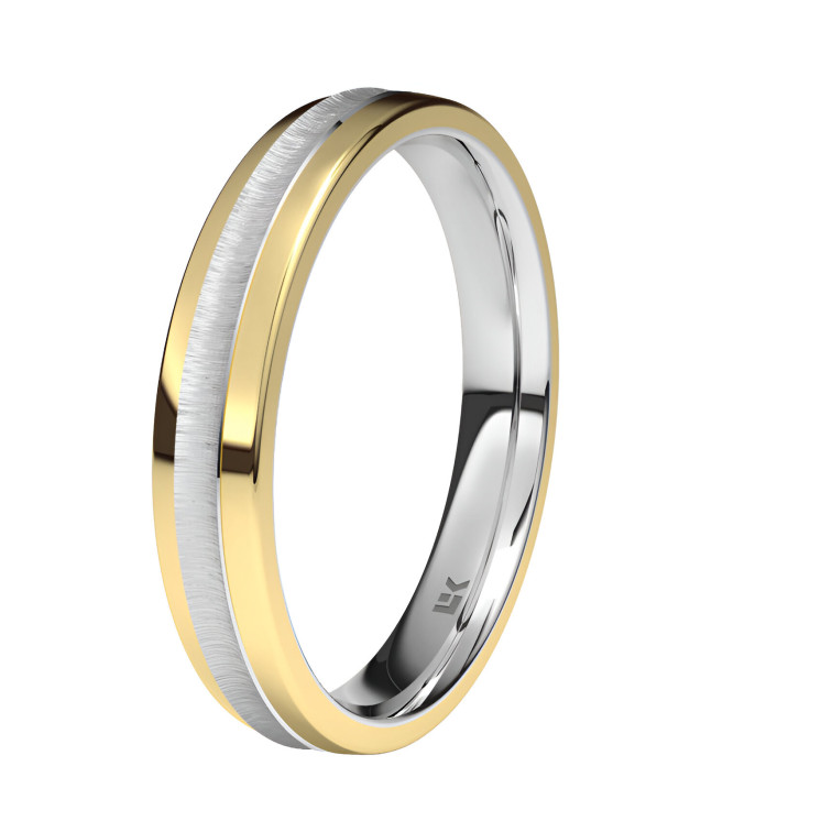 Alianza de boda 18k bicolor con superficie central de oro blanco mate