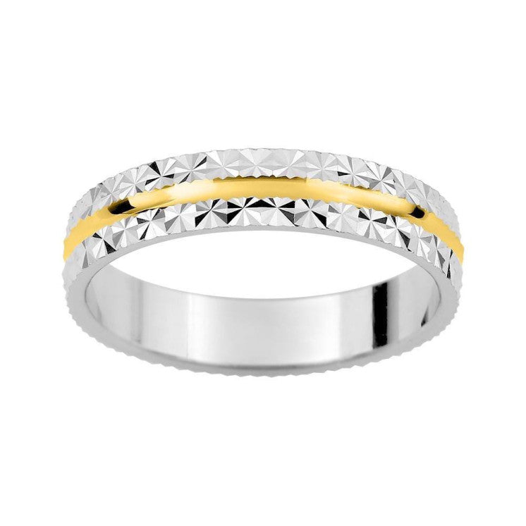 Alianza de boda 9 kilates oro blanco facetado y línea central oro amarillo - foto 1